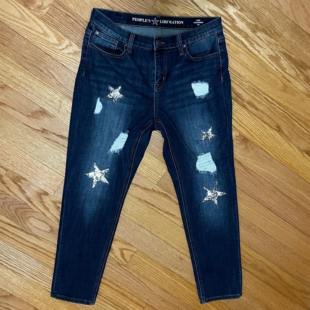 People's Liberation Kate Girlfriend Dark Blue Cropped Jeans Silver Stars